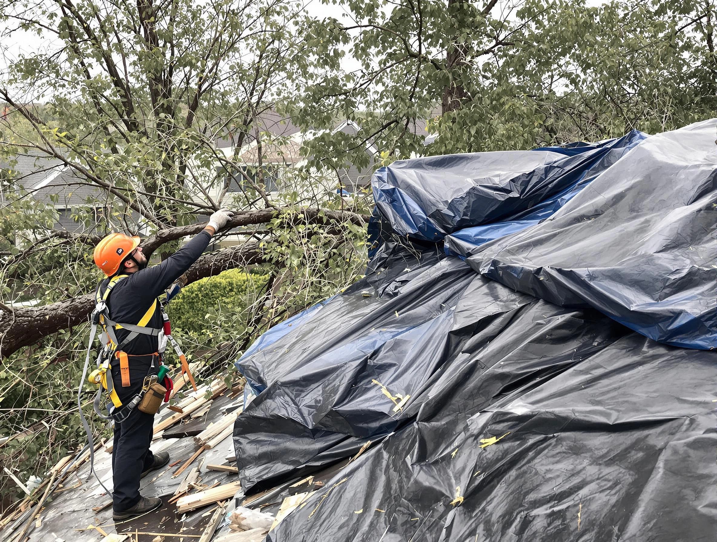 A tarped roof after storm damage repaired by Mayfield Heights Roofing Company in Mayfield Heights, OH