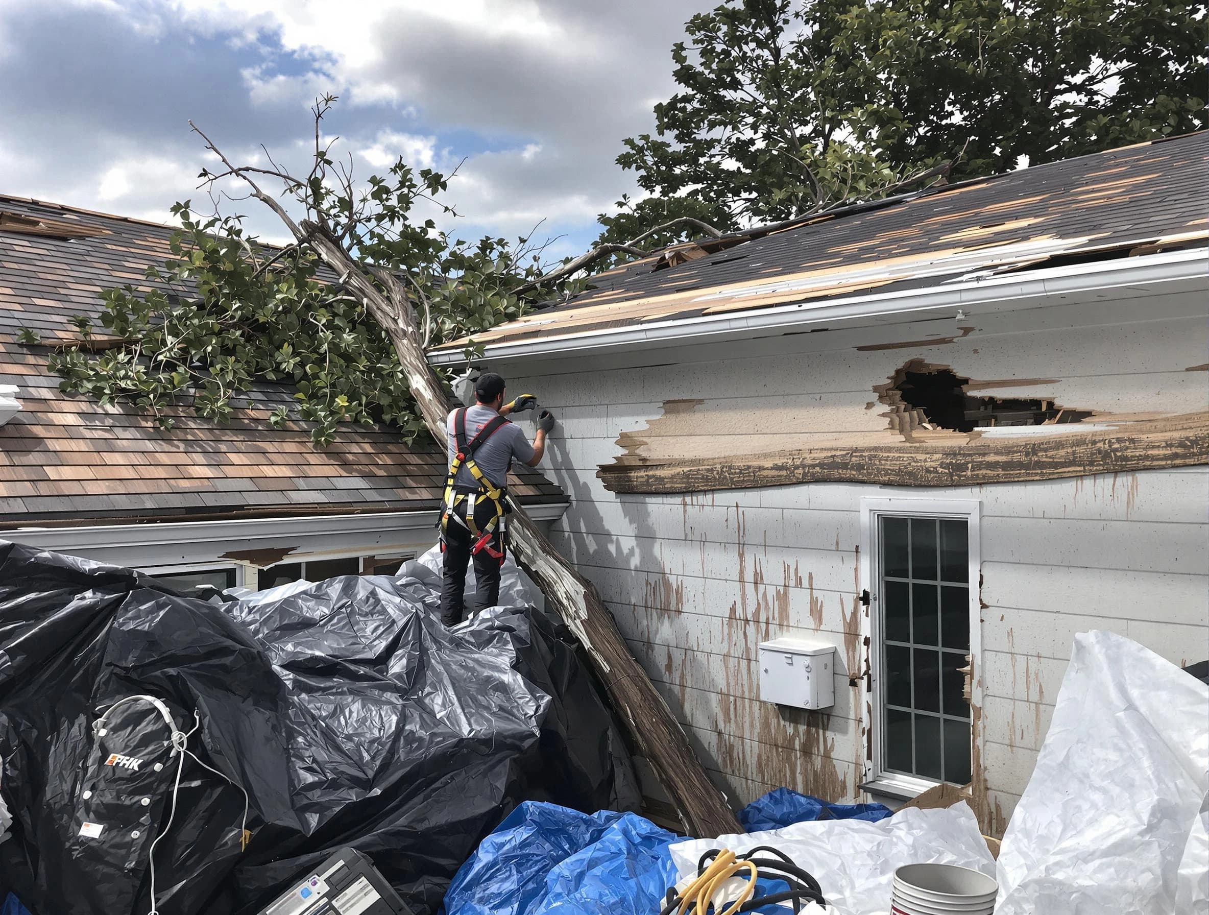 Mayfield Heights Roofing Company technicians handling urgent roof damage in Mayfield Heights, OH