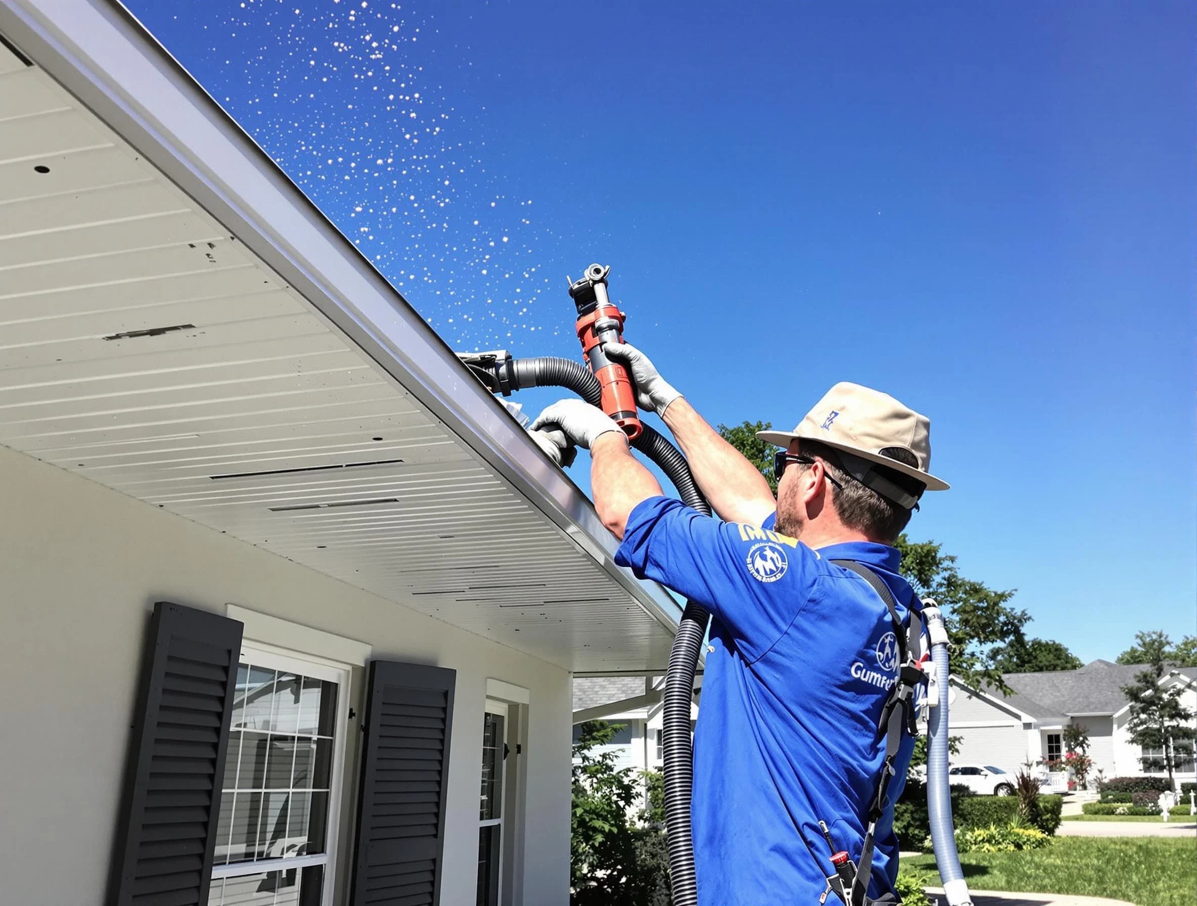 Technician completing a gutter cleaning project by Mayfield Heights Roofing Company in Mayfield Heights, OH